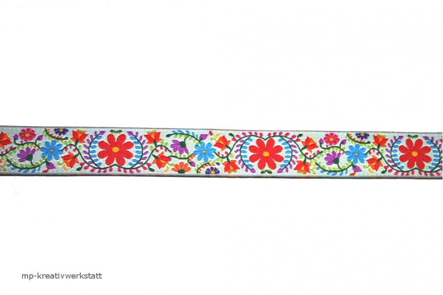 1m Webband Blumenranken B-o-h-o-Style bunt auf weiss 20mm 